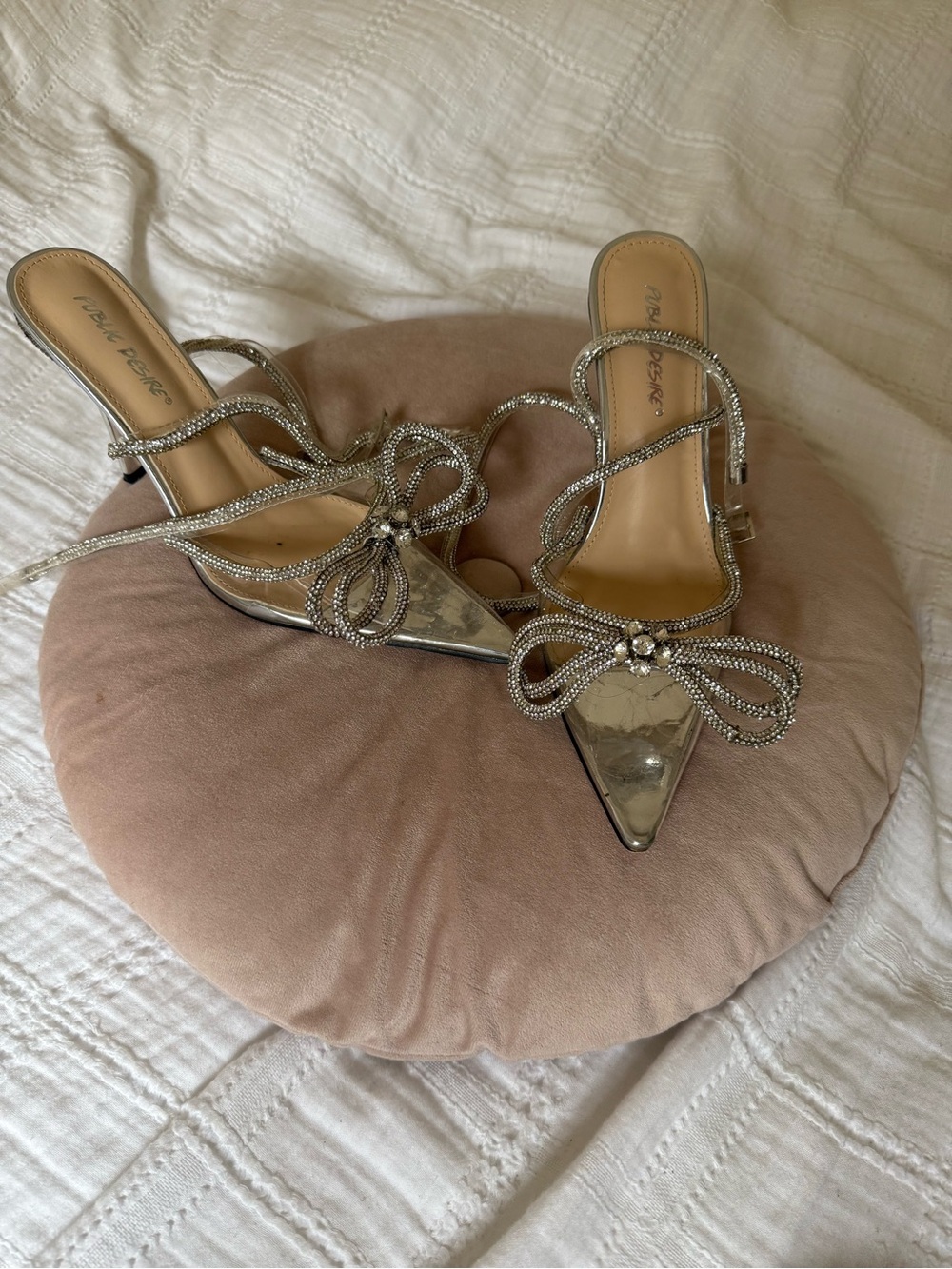 Public Desire Silver Crystal Bow Slingback Heels
